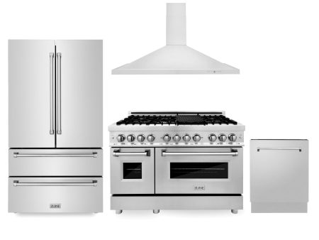 ZLINE Kitchen Package with Refrigeration, 48 in. Stainless Steel Dual Fuel Range, 48 in. Convertible Vent Range Hood and 24 in. Tall Tub Dishwasher (4KPR-RARH48-DWV) For Sale