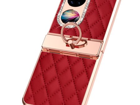 For Huawei P50 Pocket Imprinted Leather Coated PC Phone Case Rhinestone Ring Kickstand Electroplating Phone Cover Sale