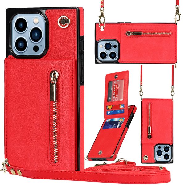 For iPhone 15 Pro Max PU Leather+TPU Phone Cover Kickstand Zipper Wallet Case with Shoulder Strap Cheap