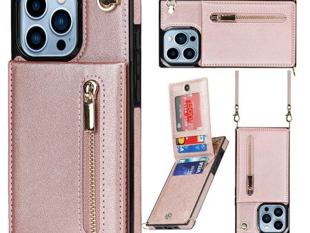 For iPhone 15 Pro Max PU Leather+TPU Phone Cover Kickstand Zipper Wallet Case with Shoulder Strap Cheap