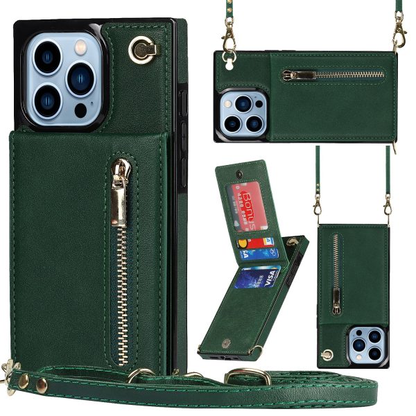 For iPhone 15 Pro Max PU Leather+TPU Phone Cover Kickstand Zipper Wallet Case with Shoulder Strap Cheap