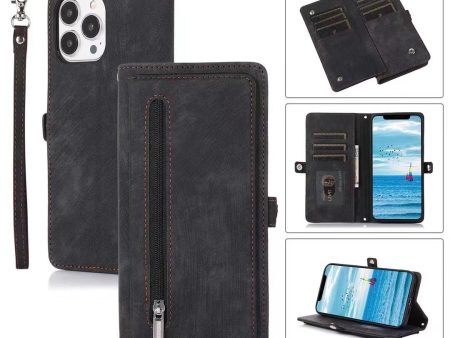 For iPhone 15 Horizontal Stand Wallet Case 9 Card Slots Zipper Pocket PU Leather Phone Cover with Strap Discount