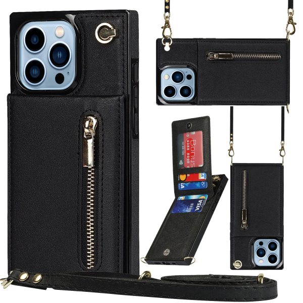 For iPhone 15 Pro Max PU Leather+TPU Phone Cover Kickstand Zipper Wallet Case with Shoulder Strap Cheap