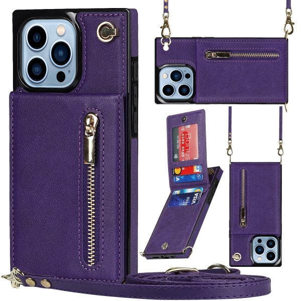 For iPhone 15 Pro Max PU Leather+TPU Phone Cover Kickstand Zipper Wallet Case with Shoulder Strap Cheap